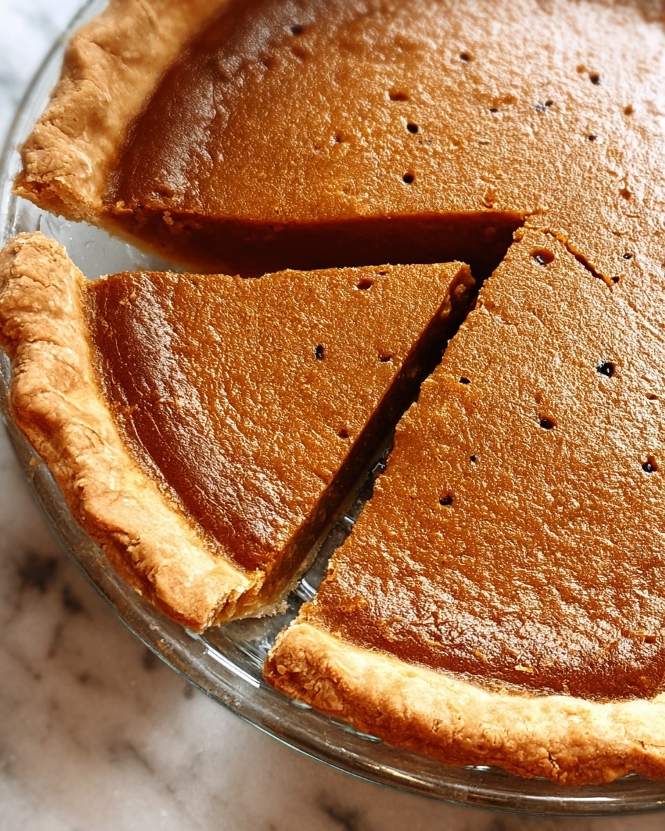 A close-up view of a pumpkin pie with one slice partially cut out, showing a smooth, orange-brown filling with a few tiny dark specks across the surface. The pie has a golden-brown crust with a slightly crimped edge, held in a clear glass pie dish. The pie sits on a white marbled textured surface. Photo taken with an iphone --ar 4:5 --v 7