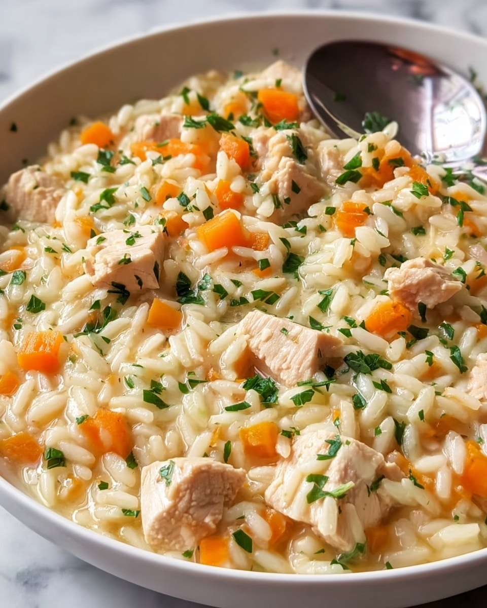 A close-up view of a white bowl filled with a creamy rice dish, showing three main layers: the base layer is glossy, small rice pieces mixed with a light, creamy sauce, followed by a layer scattered with small, orange carrot cubes adding color. On top, there are chunks of cooked chicken, pale beige with slight browning, mixed evenly with chopped green herbs sprinkled throughout the dish. A silver spoon rests on the edge of the bowl, ready to scoop. The bowl sits on a white marbled textured surface. photo taken with an iphone --ar 4:5 --v 7