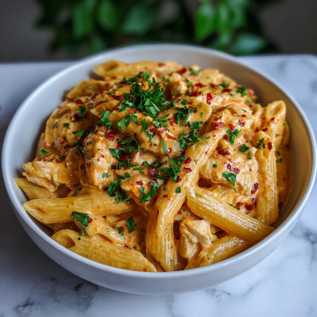 A close-up of creamy pasta served in a white bowl, with about two layers of penne pasta coated evenly in a rich, pale orange sauce speckled with small bits of red chili and black pepper. On top and mixed through the pasta are tender pieces of white chicken, also covered in the sauce. Green parsley leaves are scattered on the surface, adding a fresh contrast to the warm colors. The dish rests on a white marbled surface with hints of green blurred in the background. photo taken with an iphone --ar 4:5 --v 7