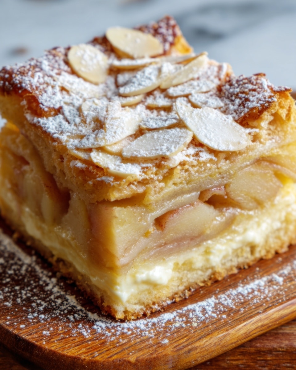 A square piece of apple cake with visible thin layers of soft baked apple slices stacked inside, surrounded by a golden brown crust. The top layer is covered with sliced almonds scattered unevenly and dusted heavily with powdered sugar. The cake looks moist and soft inside with a slight glossy cream peeking out at the base. The dessert is placed on a wooden board with a white marbled texture surface in the background. Photo taken with an iphone --ar 4:5 --v 7