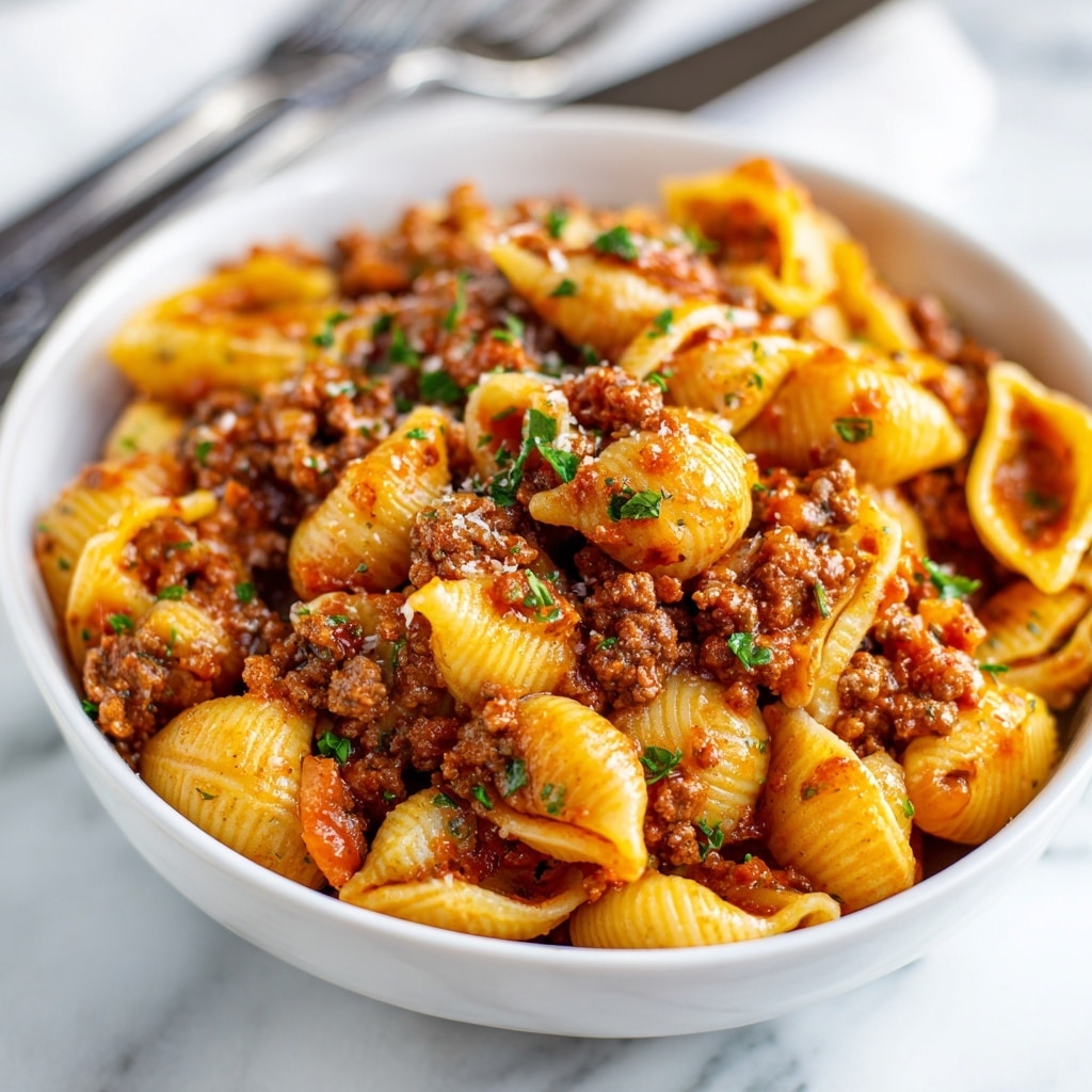 The dish shows a white bowl full of pasta shells mixed with ground meat and sauce. The large pasta shells are golden yellow and look soft, coated well in a light reddish-orange sauce with bits of brown cooked meat spread throughout. Small touches of green herbs are sprinkled on top, adding a little color contrast. The bowl sits on a white marbled surface with a fork blurred in the background. The dish looks hearty and well mixed, with the meat and sauce filling the pasta shells in multiple layers. photo taken with an iphone --ar 4:5 --v 7