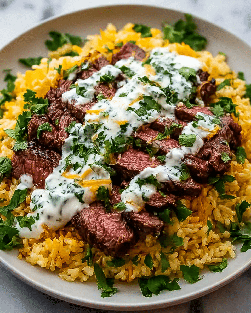 A white plate holds a bed of yellow rice with a slightly fluffy texture, forming the bottom layer. On top of the rice, there is a layer of sliced steak cooked medium rare, showing a pink center with a seared brown crust. The steak slices are arranged side by side, covering the rice. Over the steak, there is a drizzle of creamy white sauce with green herbs mixed in, giving a fresh look. Small fresh green cilantro leaves are scattered on the sauce and around the plate for color and garnish. The background surface is white marbled texture. photo taken with an iphone --ar 4:5 --v 7