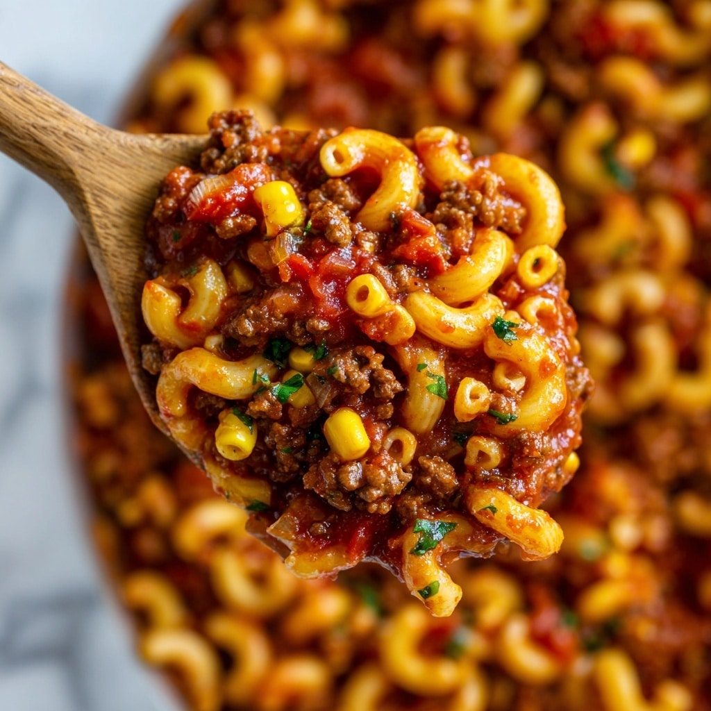 A close-up of a white patterned plate filled with a colorful, mixed pasta dish. The dish has three main layers: small elbow macaroni in a light beige color, cooked ground beef in rich brown, and bright yellow corn kernels scattered throughout. It is mixed with chunky tomato sauce in deep red-orange tones, visible bits of green herbs for freshness, and some pieces of red tomato. In the center, there is a small bunch of curly parsley in vibrant green, adding a fresh touch. The plate rests on a white marbled surface with a blue and white striped cloth partially visible on the left side. Photo taken with an iphone --ar 4:5 --v 7