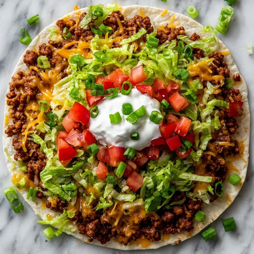 A close-up view of a flat tortilla base with a thick layer of cooked ground meat spread evenly across it, topped with melted shredded cheese that appears golden and stringy, covered with thin bright green shredded lettuce scattered evenly, diced red tomatoes spread out with some pieces larger than others, and chopped green onions sprinkled all over, with a generous dollop of white sour cream placed in the center and garnished with a few green onion pieces, all set on a white marbled texture background. photo taken with an iphone --ar 4:5 --v 7