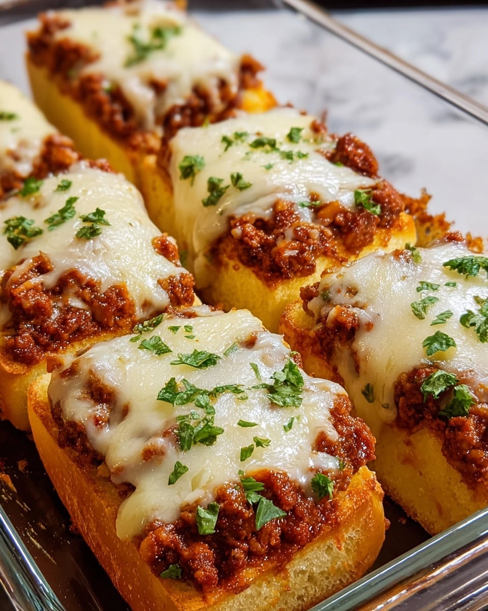 The image shows several pieces of baked bread slices topped with three layers. The first layer is the soft, golden-brown bread base. The second layer is a thick, rich, reddish-brown meat sauce spread evenly on each slice, with a slightly chunky texture. The third layer is melted white cheese, smooth and creamy, covering the meat sauce and slightly dripping over the edges. Each slice is garnished with small green parsley leaves evenly scattered on top. The bread slices are placed closely together inside a glass baking dish, set on a white marbled texture surface. photo taken with an iphone --ar 4:5 --v 7