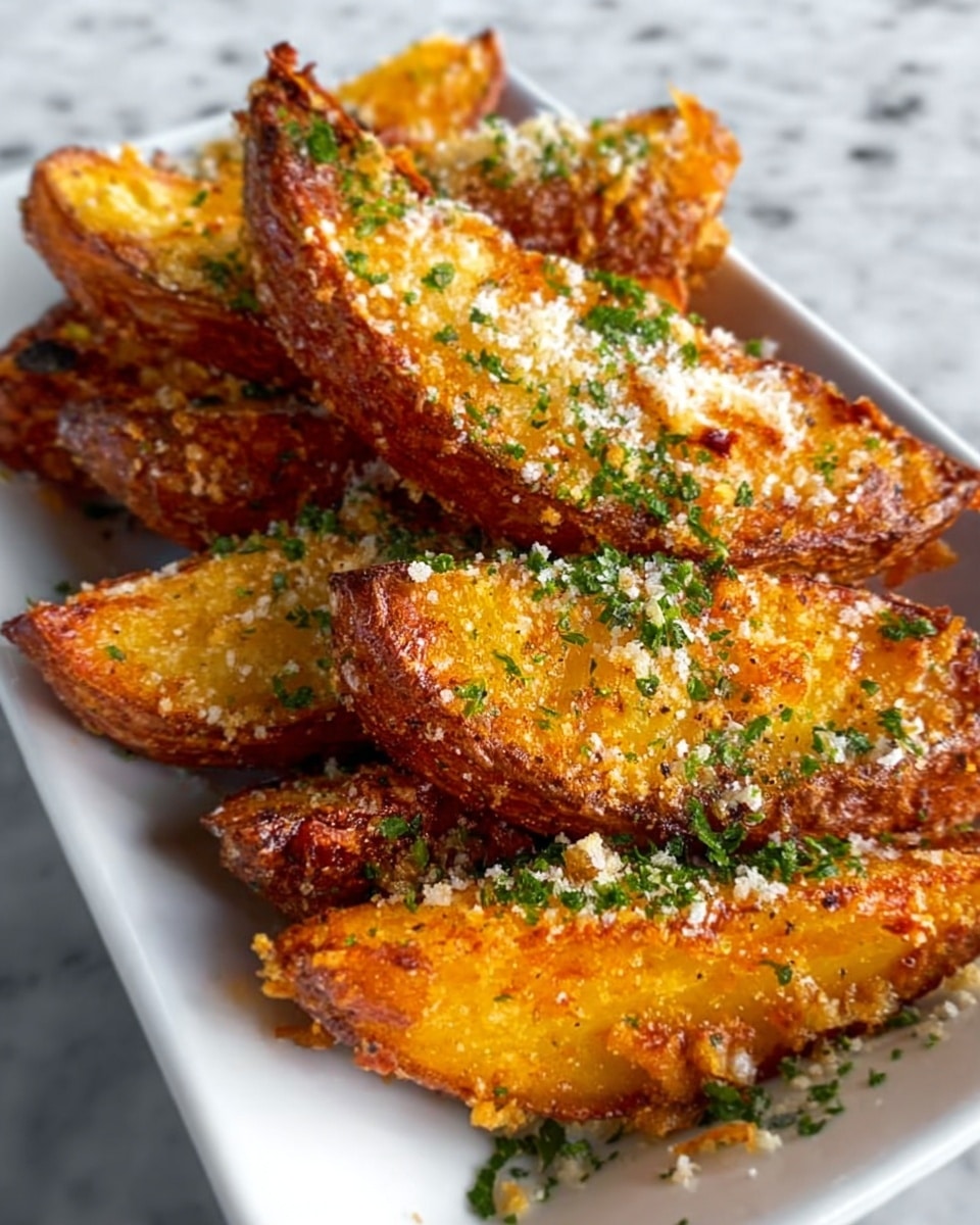 The image shows several golden brown potato wedges stacked on a long white plate. Each wedge has a crispy texture with a sprinkle of melted cheese that looks slightly browned on top. Bright green chopped herbs are scattered evenly over the wedges, adding a fresh color contrast. The edges of the wedges appear crunchy while the insides look soft and well-cooked. The plate sits on a white marbled surface, and a woman's hand is about to pick up one wedge. Photo taken with an iphone --ar 4:5 --v 7