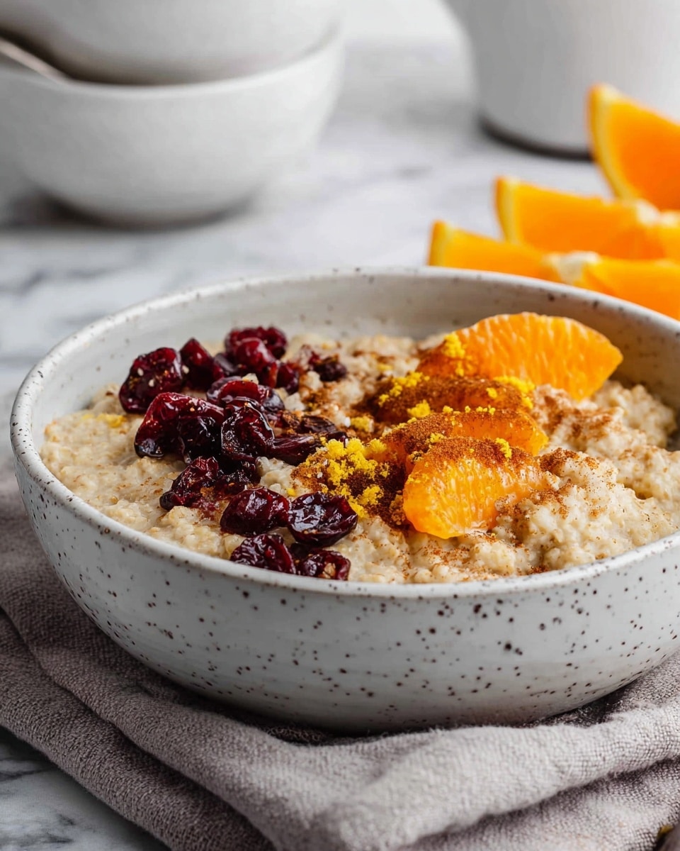 A white speckled bowl filled with a creamy beige grain porridge, topped with two main sections: one side has dark red dried cranberries scattered, and the other side has bright orange slices with their peel finely grated and sprinkled nearby, dusted lightly with brown cinnamon powder. The bowl rests on a soft, light gray cloth on a white marbled surface, with blurred white bowls and a few fresh orange slices in the background. Photo taken with an iphone --ar 4:5 --v 7