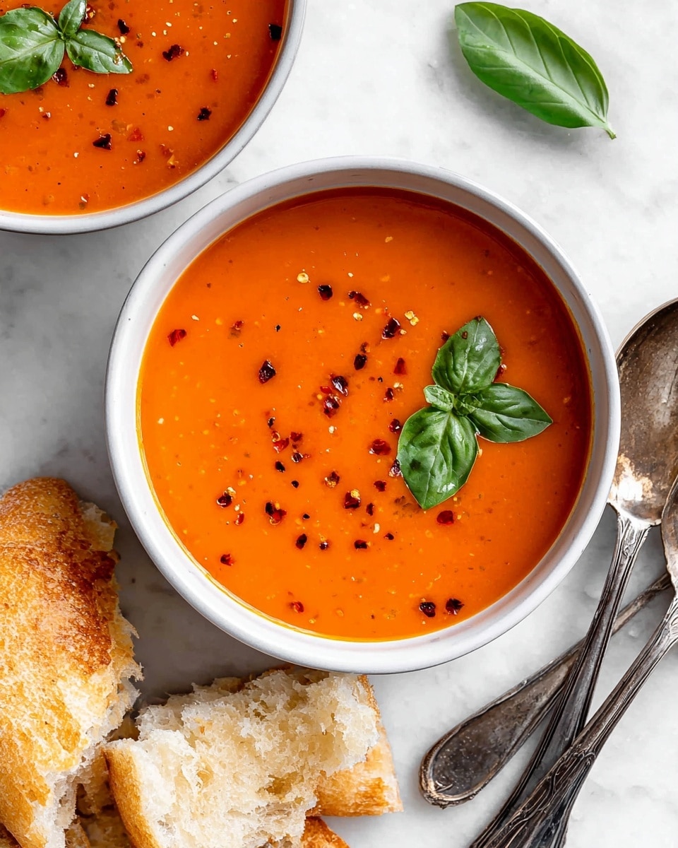 A white bowl filled with smooth, bright orange tomato soup, dotted with small red chili flakes across the surface, and garnished with two fresh, green basil leaves on the right side of the soup. Next to the bowl are torn pieces of golden brown, crusty bread with a flaky texture. Part of another white bowl with the same bright orange soup is visible in the top left corner, topped with a single basil leaf and chili flakes. Two vintage silver spoons rest on the right side of the bowl on a white marbled surface beneath. photo taken with an iphone --ar 4:5 --v 7