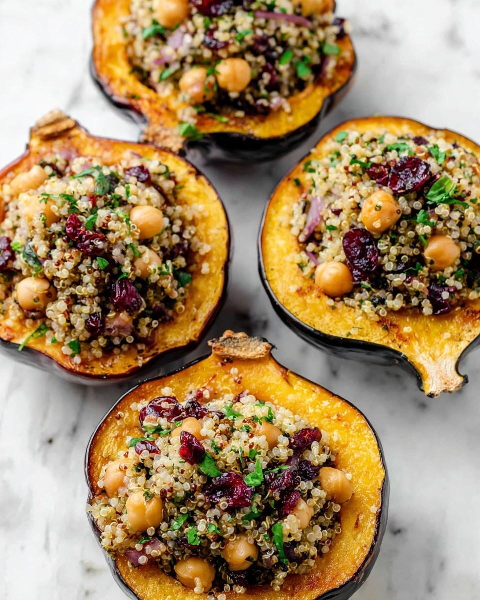 Four roasted acorn squash halves are placed on a white marbled surface, each filled generously with a grain salad. The base layer is the bright orange roasted squash, which has a slightly caramelized texture around the edges. On top, there is a thick layer of quinoa mixed with chickpeas, chopped onions, dark red dried cranberries, and fresh green herbs, creating a colorful contrast with the orange squash. The filling has a moist, grainy texture with small, round chickpeas and scattered pieces of onion and cranberries. Photo taken with an iphone --ar 4:5 --v 7