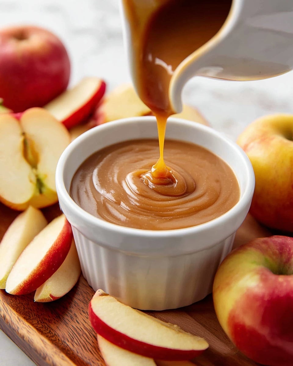 A close-up of a small white bowl filled with smooth, thick caramel sauce being poured from a white pitcher, creating a swirl in the center. The bowl is placed on a wooden board surrounded by fresh apple slices with red and yellow skin colors, as well as whole apples in the background. The entire scene is set on a white marbled texture. photo taken with an iphone --ar 4:5 --v 7