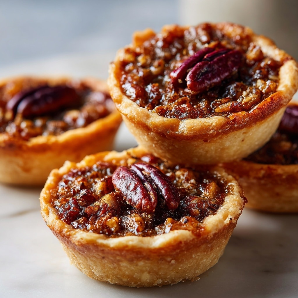 The image shows four mini pecan pies stacked on a white marbled surface. Each pie has a golden, flaky crust with a thick edge that holds a rich, glossy brown filling mixed with chopped pecans. On top of the filling, each pie features a dark reddish-brown whole pecan half, placed in the center, adding texture and color contrast. The filling looks sticky and slightly shiny with a mix of nut pieces that create a crunchy, uneven surface. The background is softly blurred, focusing attention on the pies’ detailed textures and warm colors. photo taken with an iphone --ar 4:5 --v 7
