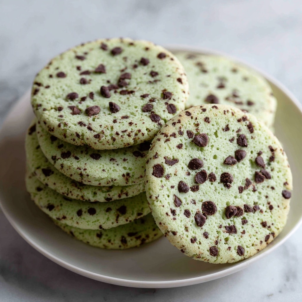 A close-up view of a stack of soft, round cookies with a pale green color, each embedded with scattered dark brown chocolate chips on the surface. The cookies show a slightly bumpy texture with visible tiny air pockets and speckles of chocolate mixed throughout. They are piled casually on a white plate with a slight glossy finish, placed on a white marbled textured surface. The green cookies contrast nicely with the dark chocolate chips, creating a fresh and inviting look. photo taken with an iphone --ar 4:5 --v 7