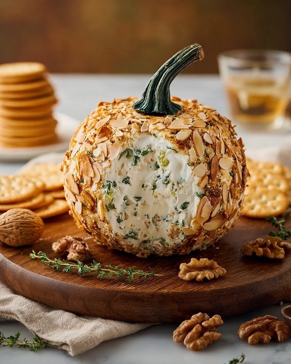 A round cheese ball shaped like a small pumpkin sits in the center, covered with a crunchy layer of orange flakes and small green herb bits, with a rough-textured pumpkin stem on top. A large scooped section reveals a creamy white interior mixed with shredded orange cheese and green herbs. The cheese ball rests on a wooden board surrounded by smooth brown pecans and stacked round crackers in shades of light beige and pale gold. Some curly green parsley sprigs add fresh color near the cheese ball. The background is softly blurred, highlighting the cheese ball and snacks placed on a white marbled surface. Photo taken with an iphone --ar 4:5 --v 7