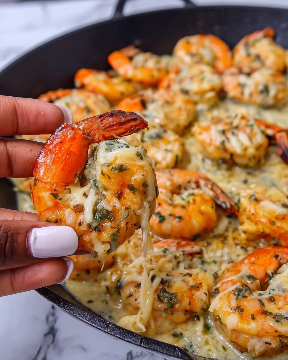 A close-up of a dish showing many baked shrimp arranged in a black pan on a white marbled surface. Each shrimp has a bright orange tail, and they are topped with a thick, creamy layer of melted cheese mixed with finely chopped green herbs. The cheese is gooey and slightly browned in spots, giving a crispy texture. A woman's hand with long, pale pink nails holds one shrimp up close, showing the rich, creamy cheese dripping a little. The shrimp layer is dense with small bits of herbs, and the bright orange and creamy white colors create a nice contrast. Photo taken with an iphone --ar 4:5 --v 7