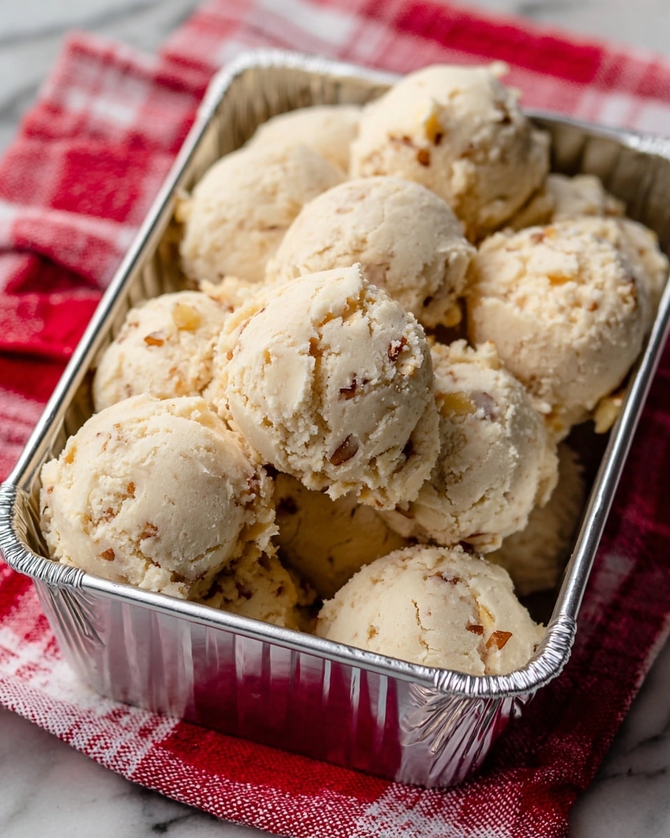Multiple small scoops of pastel off-white cookie dough with visible bits of light brown nuts are packed inside a shiny silver aluminum tray. The dough balls have a rough, crumbly texture and are stacked slightly unevenly, with one scoop resting on top near the center. The tray sits on a red and white checkered cloth that is on a white marbled surface. Photo taken with an iphone --ar 4:5 --v 7