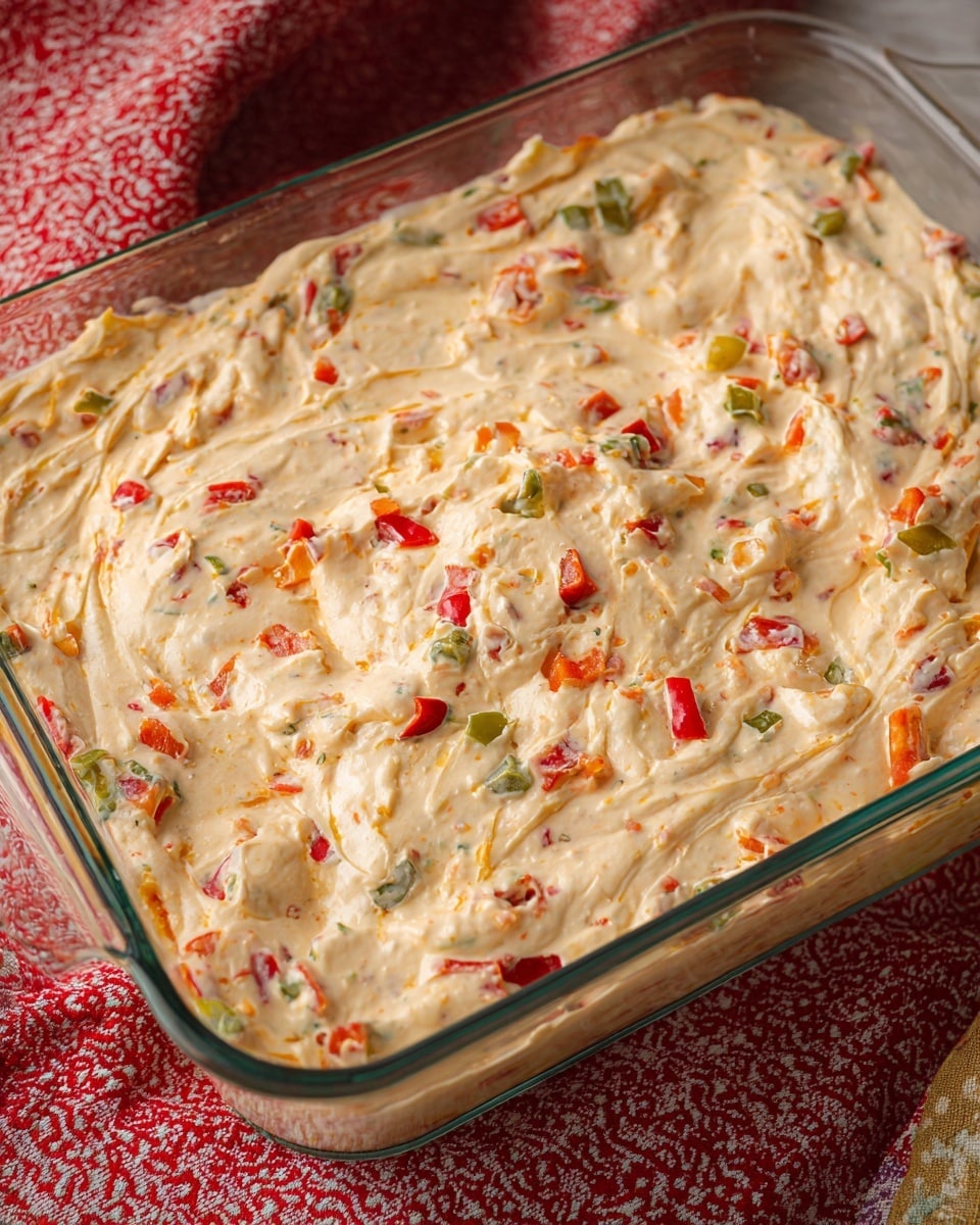 A clear glass rectangular dish filled with a thick creamy mixture that has a smooth, swirled texture on top. The creamy base is pale yellow and contains small pieces of red and green vegetables, likely red and green bell peppers, chopped finely and spread evenly throughout. The dish sits on a red textured cloth, all placed on a white marbled surface. photo taken with an iphone --ar 4:5 --v 7