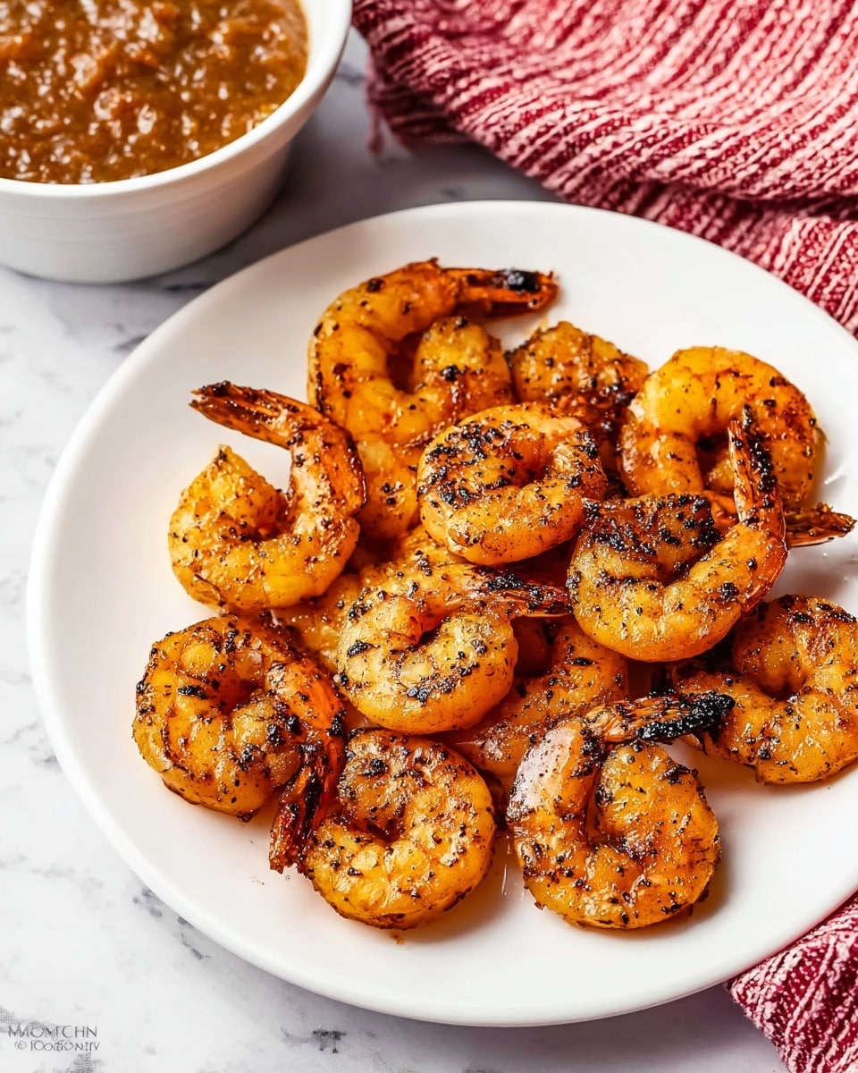 The dish shows a white plate filled with one layer of cooked shrimp. The shrimp are golden orange with charred black spots, giving a textured look from grilling or frying, arranged close together but not overlapping. In the upper left corner, part of a white bowl filled with a chunky brown sauce is visible. To the upper right, there is a folded red and white cloth placed on a white marbled surface. The image focuses on the shrimp on the plate with a soft background. photo taken with an iphone --ar 4:5 --v 7