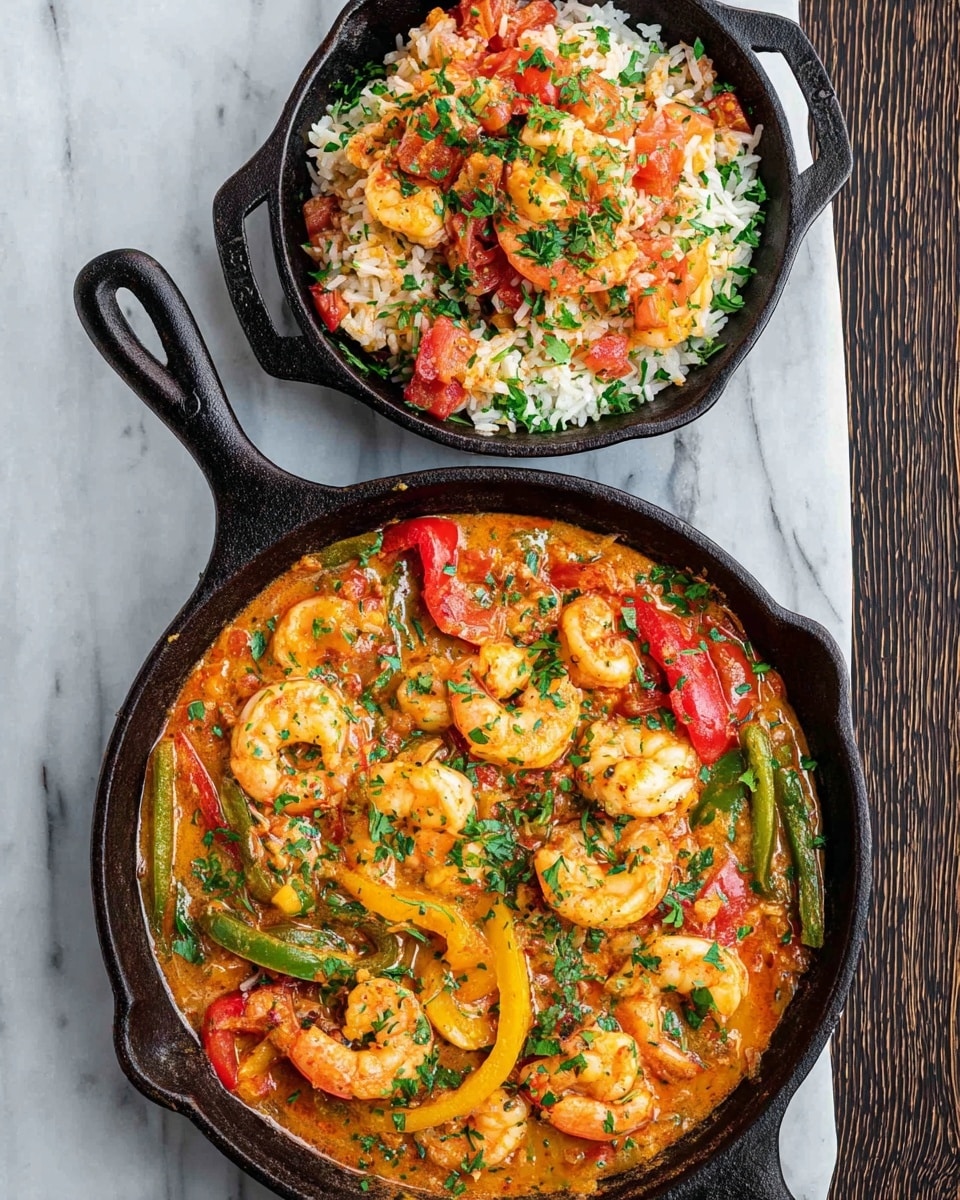 Two black cast iron pans sit on a white marbled surface; the larger pan is filled with a creamy shrimp stew, layered with bright pink shrimp, yellow and green bell pepper slices, chunks of red tomato, and finely chopped green herbs scattered evenly on top. The smaller pan contains a bed of light-colored cooked rice with pieces of shrimp stew placed on one side, garnished with fresh green herbs, and bits of red tomato mixed in. The texture of the stew is rich and slightly thick, and the rice looks fluffy and soft. photo taken with an iphone --ar 4:5 --v 7