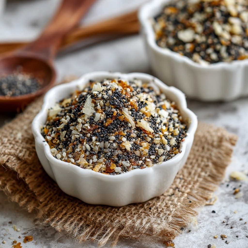 A close-up view of a white scalloped bowl filled with a colorful mix of seeds and seasonings, showing layers of small black, white, and yellow pieces with a rough texture, piled high and unevenly inside the bowl. The bowl is placed on a white marbled textured surface with wooden spoons blurred in the background. The mix looks crunchy and varied with a natural, rustic feel. photo taken with an iphone --ar 4:5 --v 7