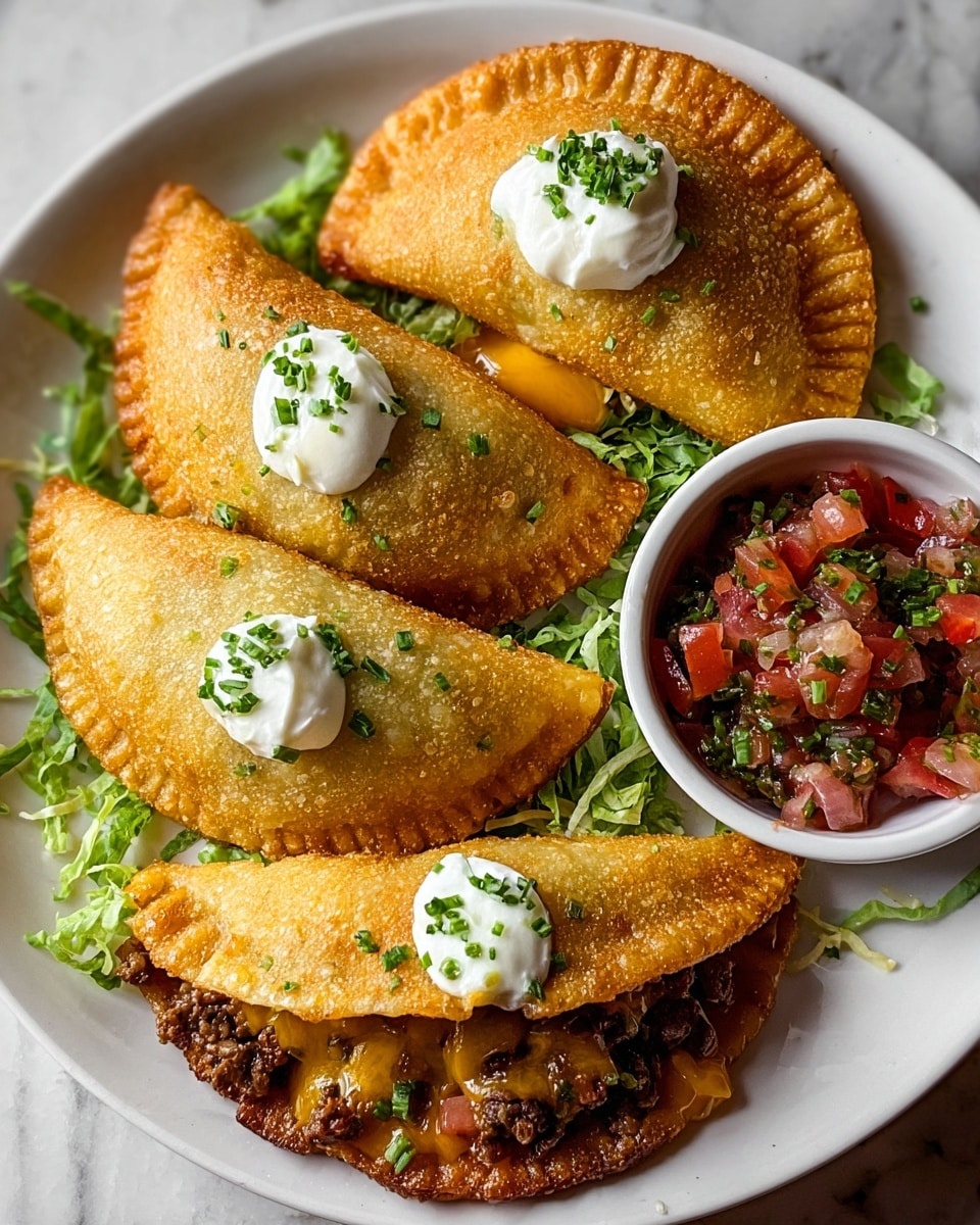The image shows a white plate with four golden brown, crispy fried tacos arranged in a row. Each taco has a bubbly texture on its surface and is folded in half to reveal the filling; the closest taco shows melted cheddar cheese and browned ground beef inside. The three tacos behind have dollops of white sour cream on top, sprinkled with chopped green onions. The tacos rest on a bed of shredded green lettuce, adding a fresh base. To the right side of the plate, there is a small white cup filled with fresh red salsa made of chopped tomatoes, onions, and green herbs. The plate is set on a white marbled surface. photo taken with an iphone --ar 4:5 --v 7