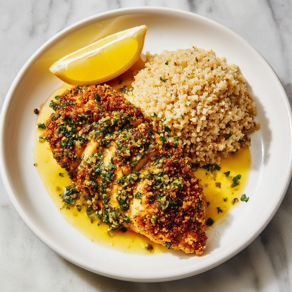 A white plate holds a meal with two main parts: on the left, a large piece of golden-brown chicken breast coated with herbs, showing a crispy texture with green flecks of parsley or similar herbs, covered with a light, glossy sauce spreading out on the plate; next to it on the right is a pile of fluffy, light beige cooked rice with visible grains. A bright yellow lemon wedge rests on the plate’s edge near the chicken, adding a fresh splash of color. The dish sits on a white marbled surface. photo taken with an iphone --ar 4:5 --v 7