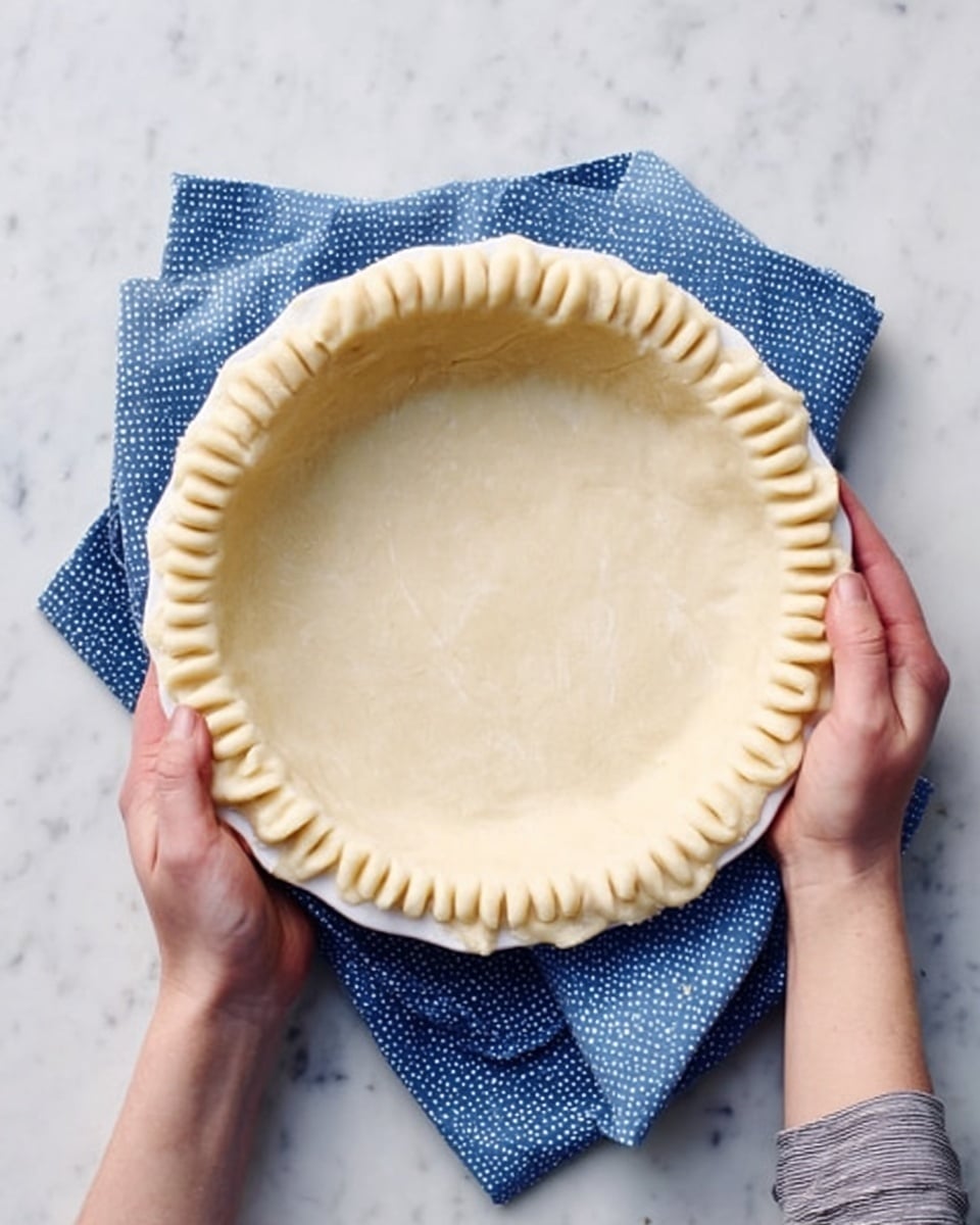 A woman’s hands hold a white pie dish with a raw pie crust inside it, the crust has a fluted edge pressed down around the rim to make a decorative border. The pie dish is resting on a folded blue cloth with small white spots and a plain blue cloth underneath it, all set on a white marbled surface. The crust is light beige with a smooth, slightly uneven texture photo taken with an iphone --ar 4:5 --v 7