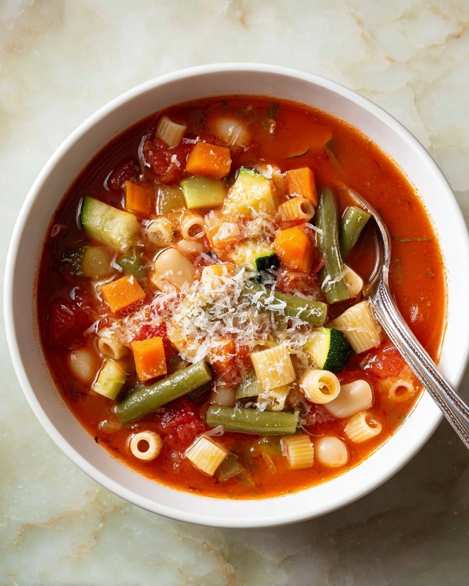 The image shows two white bowls filled with a colorful vegetable soup on a white marbled surface. Each bowl is layered with a clear red broth, chunks of green beans, orange carrot pieces, white beans, diced yellow squash, and small round pasta rings. The soup is topped with a sprinkling of grated cheese that adds a light textured layer on top. A silver spoon rests inside the bowl to the right, angled outward. Nearby, there is a small wooden bowl filled with more grated cheese. The overall scene captures warm, fresh, and wholesome food in a simple and clean setting. photo taken with an iphone --ar 4:5 --v 7