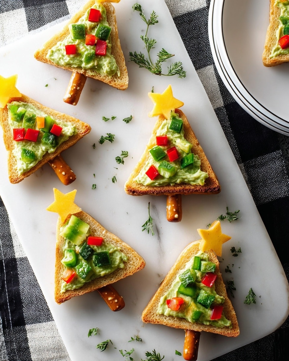 The image shows several small triangular pieces of toasted bread cut into the shape of Christmas trees, each with three visible layers: a golden-brown crispy base, a creamy green spread on top, and colorful vegetable decorations including small diced red and green peppers or thin slices of green and red bell peppers arranged like tree garlands. Each tree has a small yellow star cut from a vegetable placed at the top and a small pretzel stick at the bottom acting as a tree trunk. The trees are placed on a white marbled rectangular board with some scattered chopped herbs around, and one tree piece is on a white plate with a thin black line on the edge. The scene is set over a black and white checked cloth. photo taken with an iphone --ar 4:5 --v 7