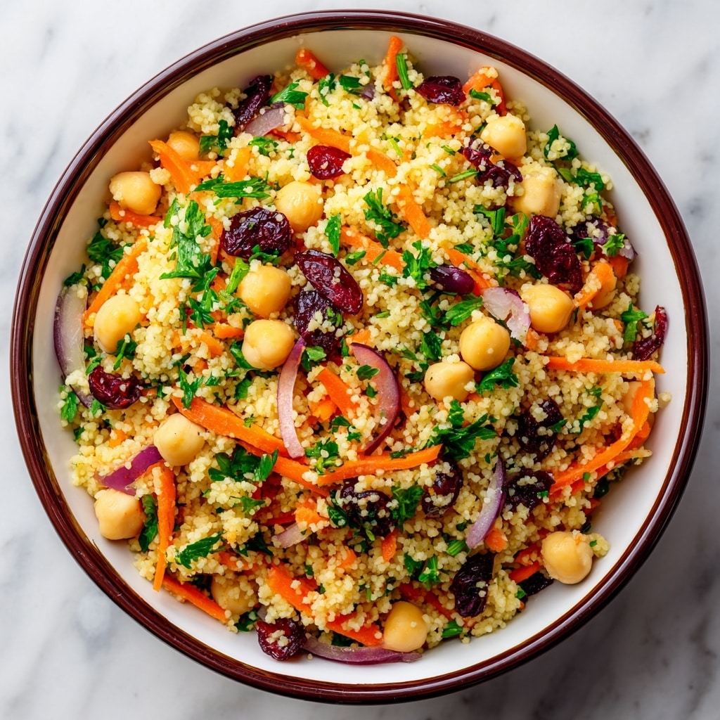 A close-up top view of a bowl filled with a colorful couscous salad, showing small, soft yellow couscous grains mixed evenly with light orange shredded carrots, bright green chopped parsley, pale yellow chickpeas, thin slices of reddish-purple onion, and dark red dried cranberries scattered throughout. The bowl is white with a dark brown rim, and the entire scene is set on a white marbled texture. The salad looks fresh, textured, and well-mixed with vibrant colors evenly spread. photo taken with an iphone --ar 4:5 --v 7