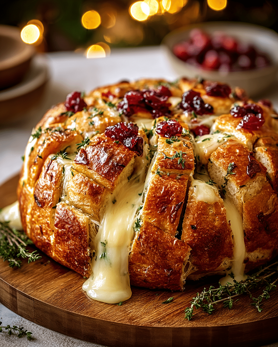 The image shows a golden-brown pull-apart bread loaf on a wooden board, with deep cuts creating about four layers. The bread surface is shiny and crispy. Between the layers, there is creamy white melted cheese oozing out with pops of bright red cranberries scattered inside. Fresh green herbs, likely thyme or rosemary, are sprinkled on top and around the bread, adding texture and color contrast. The setting is warm and cozy with soft lights in the background, and the board is placed on a white marbled texture. Photo taken with an iphone --ar 4:5 --v 7