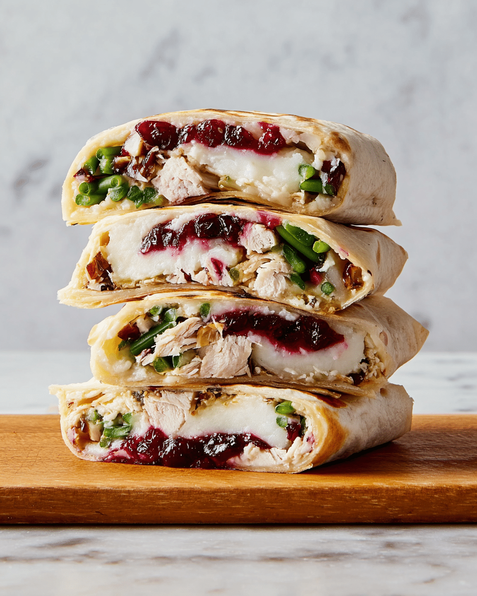 A close-up view of a stack of four wrap halves, each revealing layers inside. The wraps have a light golden-brown tortilla exterior with soft folds visible at the edges. Inside, from bottom to top, there is a thick white layer that looks creamy and smooth, followed by bright green pieces scattered throughout. Above that is a dark red, glossy layer with a slightly chunky texture. Small bits of light brown shredded pieces are mixed near the red layer, adding more texture. The wraps are stacked vertically on a white marbled surface, showing the filling layers clearly. Photo taken with an iphone --ar 4:5 --v 7