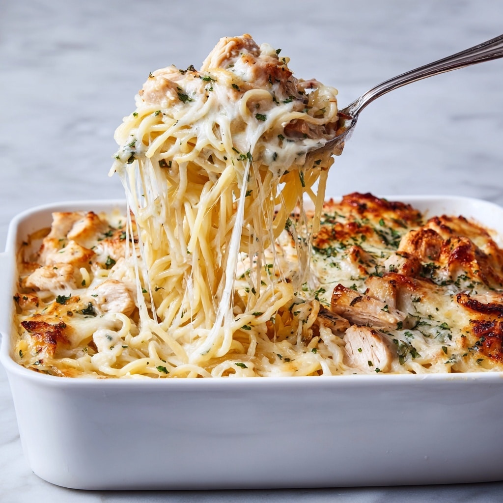 A white baking dish filled with baked spaghetti, showing three visible layers: at the bottom is a creamy sauce mixed with tender spaghetti noodles, the middle layer contains chunks of cooked chicken mixed within the noodles, and the top layer is a golden-brown melted cheese crust sprinkled with green herbs. A silver spoon is lifting a portion from the dish, revealing gooey melted cheese stretching from the dish with some browned spots and herbs on top, with the noodles looking soft and coated in sauce. The scene is set on a white marbled textured surface. photo taken with an iphone --ar 4:5 --v 7