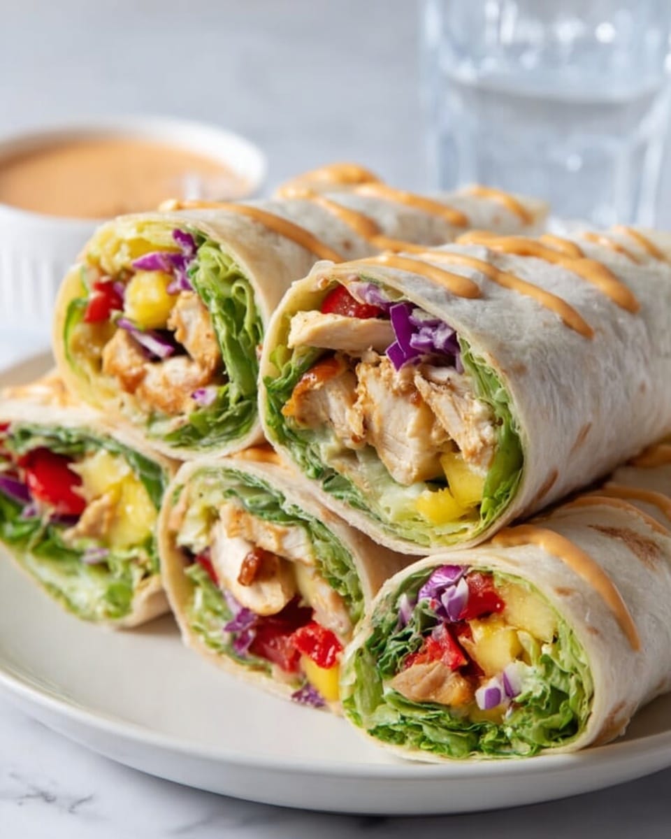 This image shows a stack of five tortilla wraps cut in half and arranged on a white plate. Each wrap has three visible layers inside: the outer soft white tortilla, a fresh green lettuce layer that is curled and crisp-looking, and a colorful mix of fillings including light grilled chicken pieces, red bell pepper chunks, shredded purple cabbage, and small bits of yellow mango or pineapple. The wraps are topped with a creamy light orange sauce drizzled on top. The plate sits on a white marbled surface, and a glass of water is blurred in the background. photo taken with an iphone --ar 4:5 --v 7