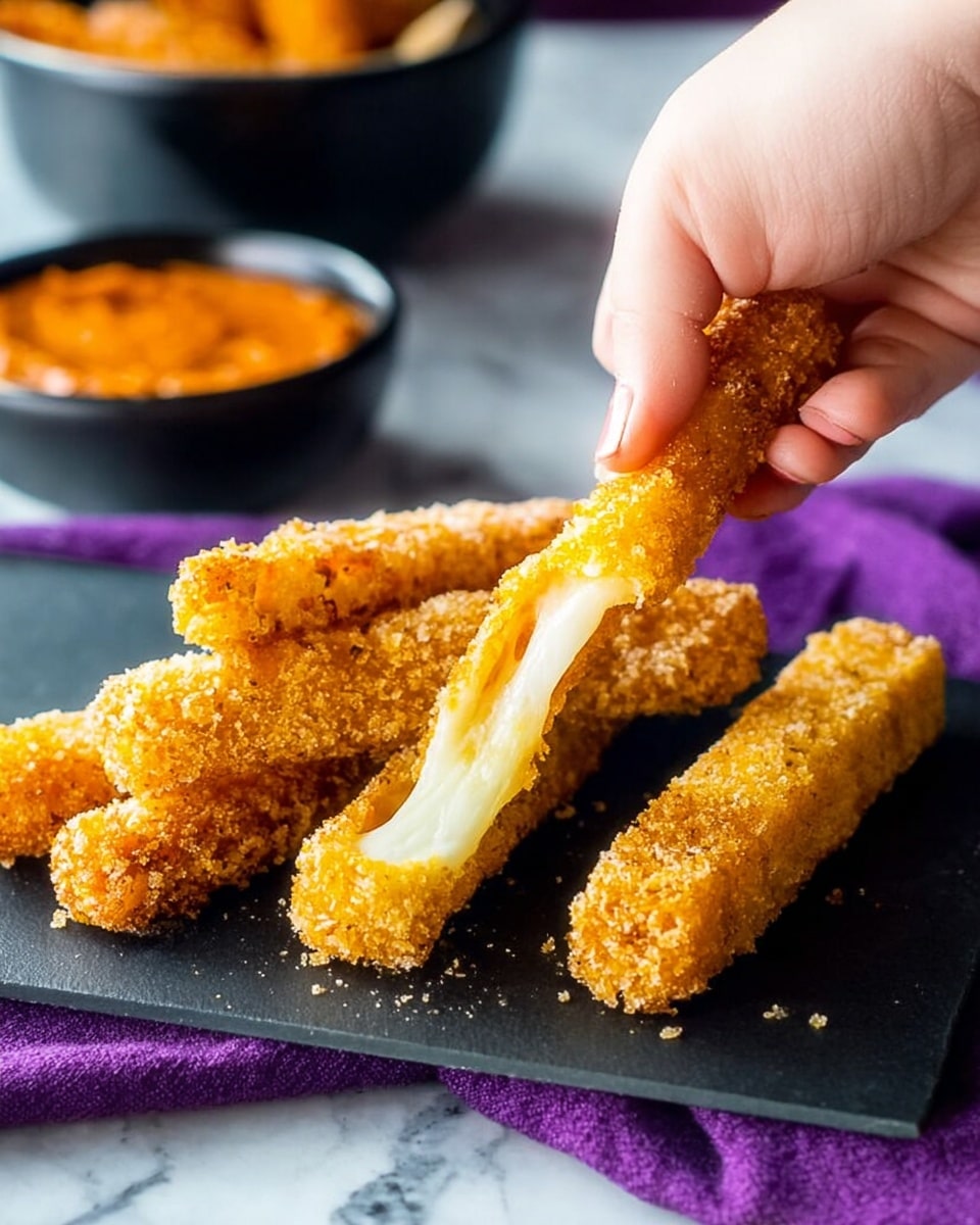 A close-up view of four golden brown crispy sticks placed on a black rectangular plate set on a white marbled surface; the sticks have a crunchy texture with a coarse crumb coating. One woman's hand is pulling apart a stick, revealing soft, stretchy white melted cheese inside. In the blurred background, there is a black bowl filled with a reddish-orange sauce and a purple cloth napkin nearby, adding contrast to the scene, photo taken with an iphone --ar 4:5 --v 7