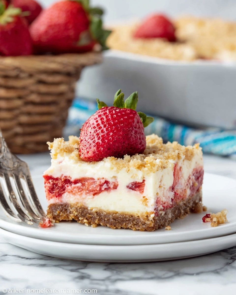 A slice of strawberry cheesecake bar on a white plate, showing three layers: a bottom brown crumbly crust, a middle thick white creamy cheesecake layer with visible red strawberry pieces inside, and a top light crumbly streusel layer. On top of the slice sits a halved fresh red strawberry. In front of the slice, a fork with a small bite of the dessert is resting on the plate. The background shows a basket filled with whole strawberries and a white marbled texture surface beneath. Photo taken with an iphone --ar 4:5 --v 7