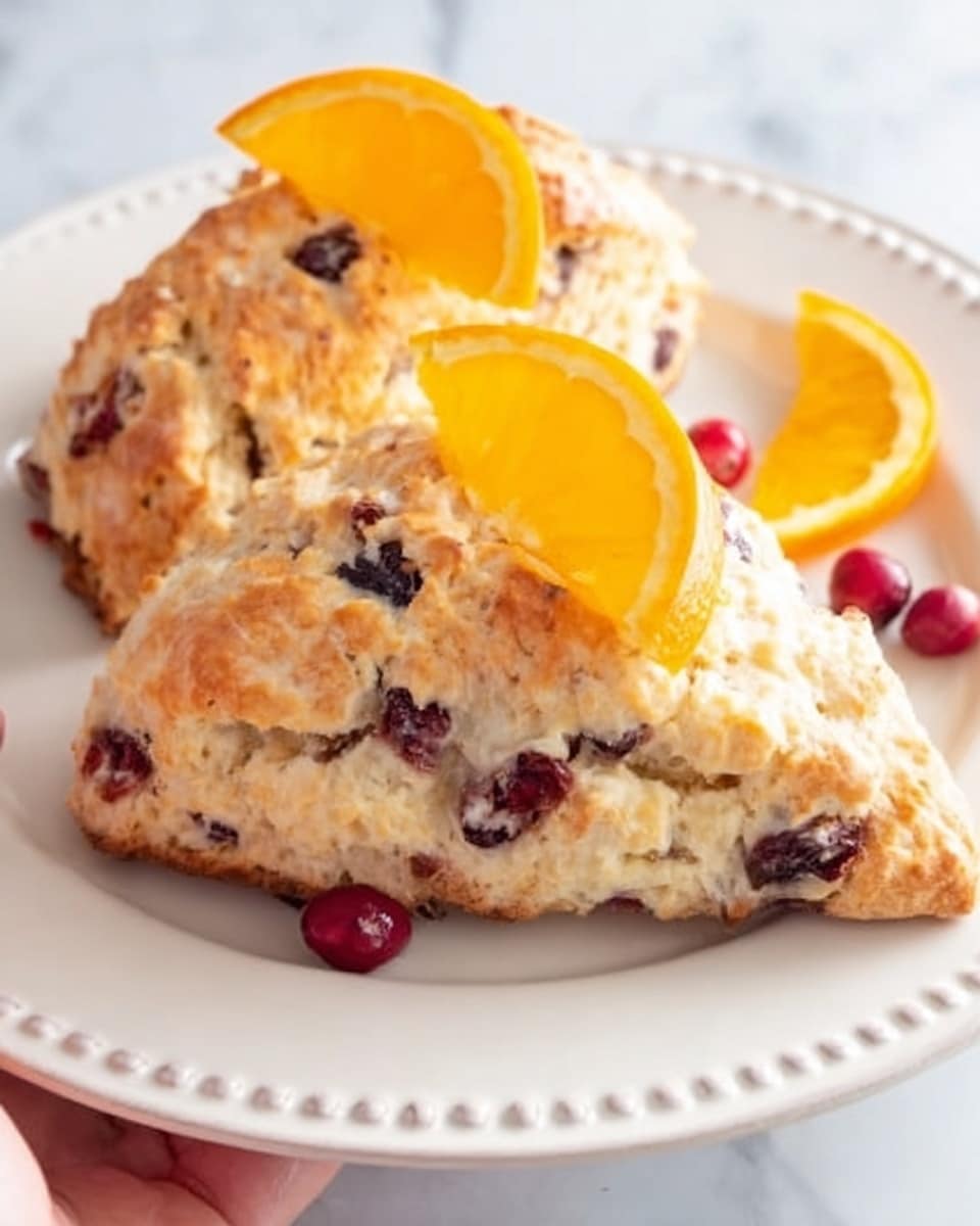 The image shows a close-up of a scone on a white plate with a delicate dotted edge. The scone is golden brown with a slightly crumbly texture and visible pieces of dark red cranberries inside. On top of the scone are two orange slices arranged in a fan shape, with a few cranberries placed nearby on the plate. The plate is set on a white marbled surface. Part of a woman's hand is visible holding the plate from the side. photo taken with an iphone --ar 4:5 --v 7
