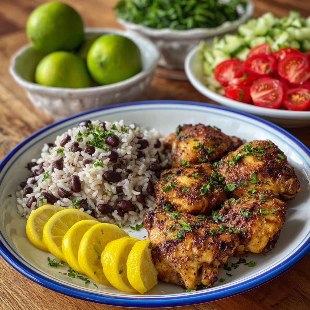 A white plate with a blue rim holds a layered meal: at the bottom left, white rice mixed with dark beans, speckled with green herbs; next to it on the right, several pieces of golden-brown grilled chicken thighs, seasoned and garnished with chopped herbs; at the bottom right corner, a row of bright yellow-green lime wedges. In the background on a wooden surface, two whole limes sit between a bowl of fresh green cilantro and another white bowl filled with a fresh salad of sliced red tomatoes and diced cucumbers on shredded lettuce. photo taken with an iphone --ar 4:5 --v 7