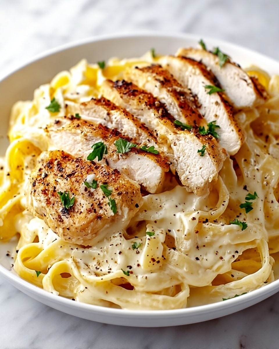A white plate holds a creamy pasta dish with two main layers: the bottom layer is wide flat noodles coated in thick white sauce with a smooth texture, and on top are thick slices of grilled chicken breast with a browned crispy crust and some black pepper sprinkled over. Small green herb pieces are scattered on the chicken and noodles, adding a hint of fresh color. The plate sits on a white marbled surface. photo taken with an iphone --ar 4:5 --v 7
