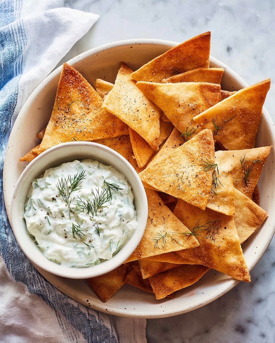 A white plate filled with golden-brown toasted pita chips, cut into triangles with a crispy texture and lightly sprinkled with black pepper and salt. On the left side of the plate, there is a small white bowl filled with creamy white dip that has small green bits and is garnished with fresh dill sprigs. The plate is placed on a white marbled surface. Photo taken with an iphone --ar 4:5 --v 7