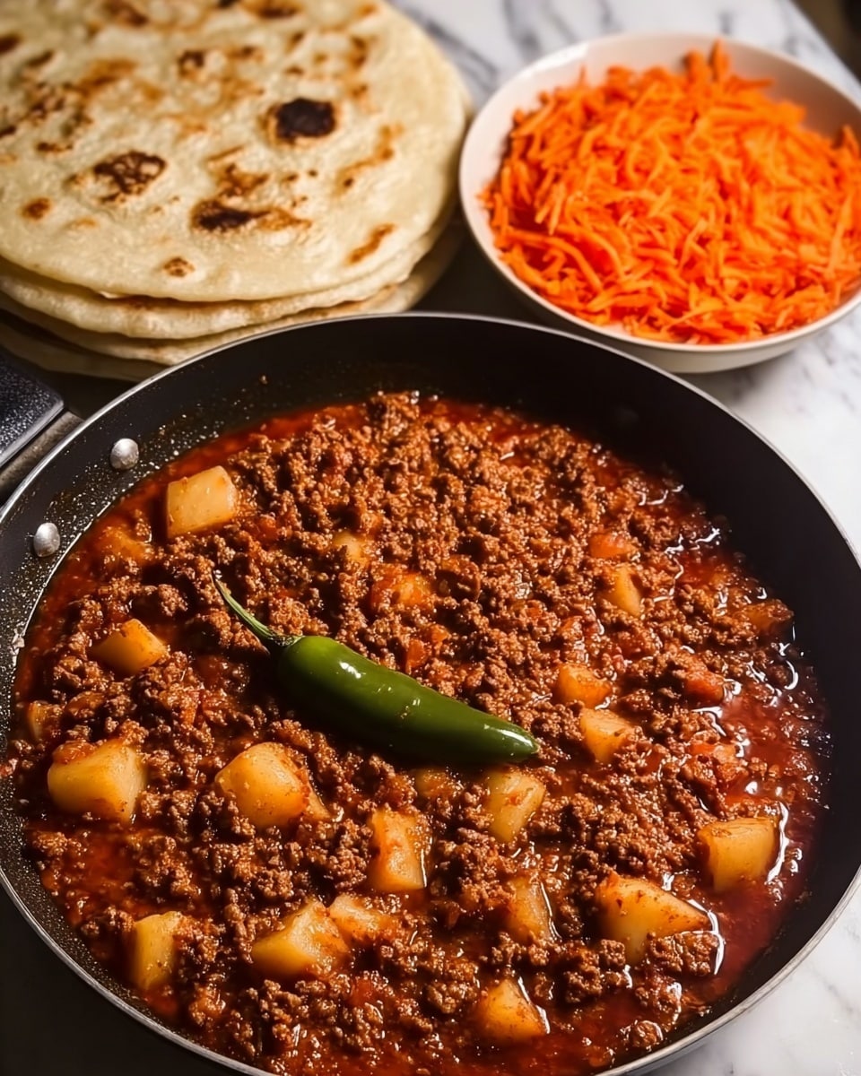 The image shows a close-up of a black pan filled with a thick stew made of cooked ground meat mixed with small, light-colored potato cubes in a rich red sauce, topped with a whole green chili pepper placed in the center. Behind the pan, there is a small round white bowl filled with bright orange shredded carrots, and next to it, a stack of white flatbreads with slight brown char marks on the top piece. All items are placed on a white marbled surface, and the scene has warm, natural lighting. Photo taken with an iphone --ar 4:5 --v 7