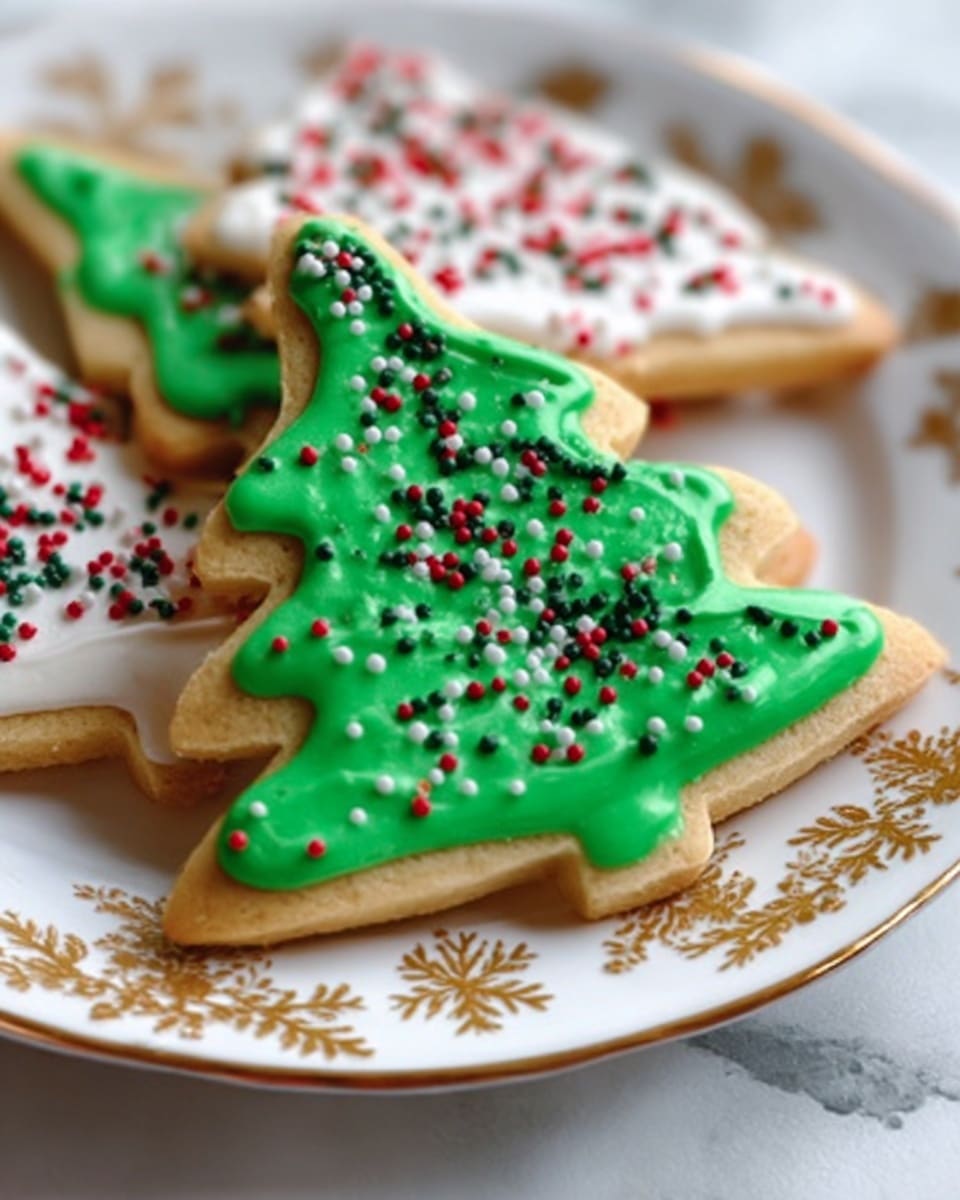 A close-up image of Christmas tree-shaped sugar cookies on a white plate with gold decorative patterns, placed on a white marbled surface. The cookie in front is covered with bright green icing that is smooth but slightly textured, dripping just a little on the edges. It is decorated with small red, white, and green round sprinkles spread across the green icing. Behind this cookie, two other cookies are partially visible with white icing topped with similar colorful sprinkles. The overall look is festive, with a focus on the detailed icing and sprinkles. photo taken with an iphone --ar 4:5 --v 7