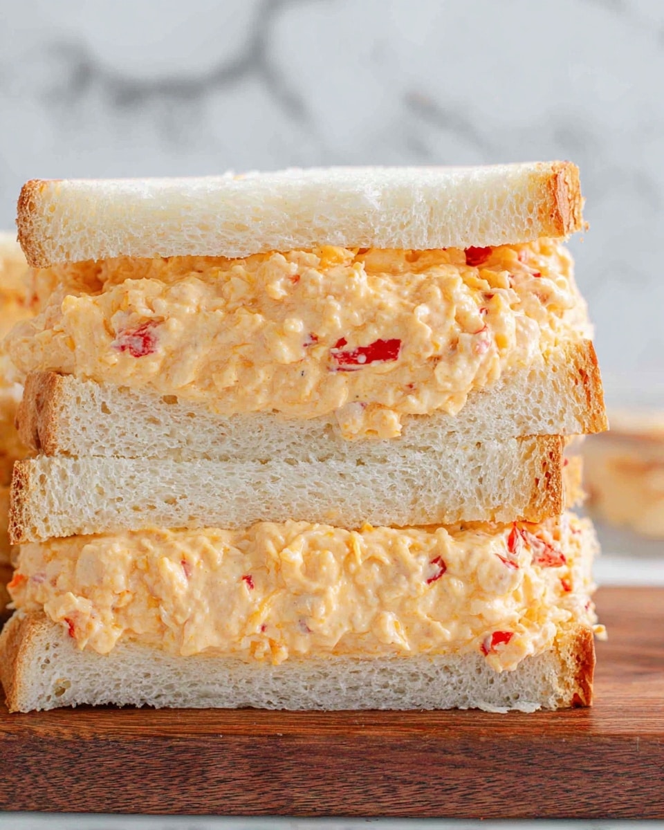 A close-up side view of a sandwich stacked with three layers of soft white bread with a thick, creamy, and slightly chunky orange cheese spread mixed with small red pepper pieces between each layer; the sandwich is placed directly on a wooden board with a white marbled surface in the background, showing the texture and color contrast clearly. photo taken with an iphone --ar 4:5 --v 7