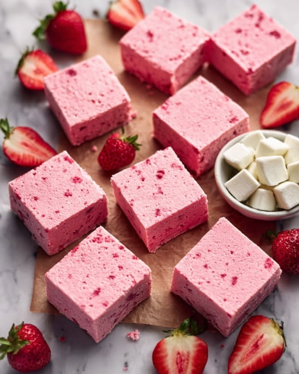 A square piece of pink frosted cake with a bite taken from the corner sits in the center on brown parchment paper placed over a white marbled surface. The cake has two visible layers: a dense light brown bottom layer with a moist texture and a smooth, thick light pink frosting layer on top, sprinkled lightly with darker pink crumbs. Surrounding the cake piece are fresh whole and halved bright red strawberries, adding a fresh and colorful contrast to the cake. The image shows additional cut squares of the same cake blurred in the background. Photo taken with an iphone --ar 4:5 --v 7