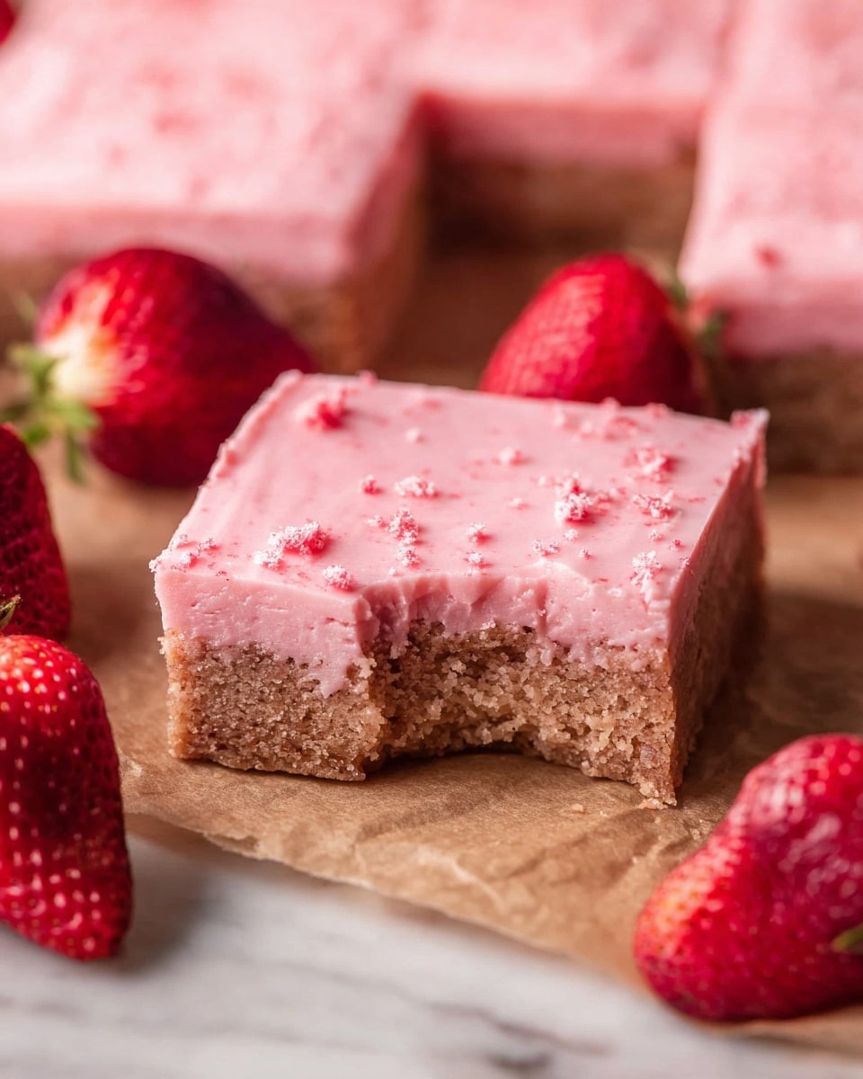The image shows several square pieces of bright pink dessert arranged closely on a white marbled surface. Each piece has a smooth top layer with small darker pink spots and a soft texture. A small white bowl filled with white square pieces is placed on the surface near the dessert squares. Around the dessert, there are whole and sliced fresh strawberries, adding red and green colors to the scene. The photo taken with an iphone --ar 4:5 --v 7