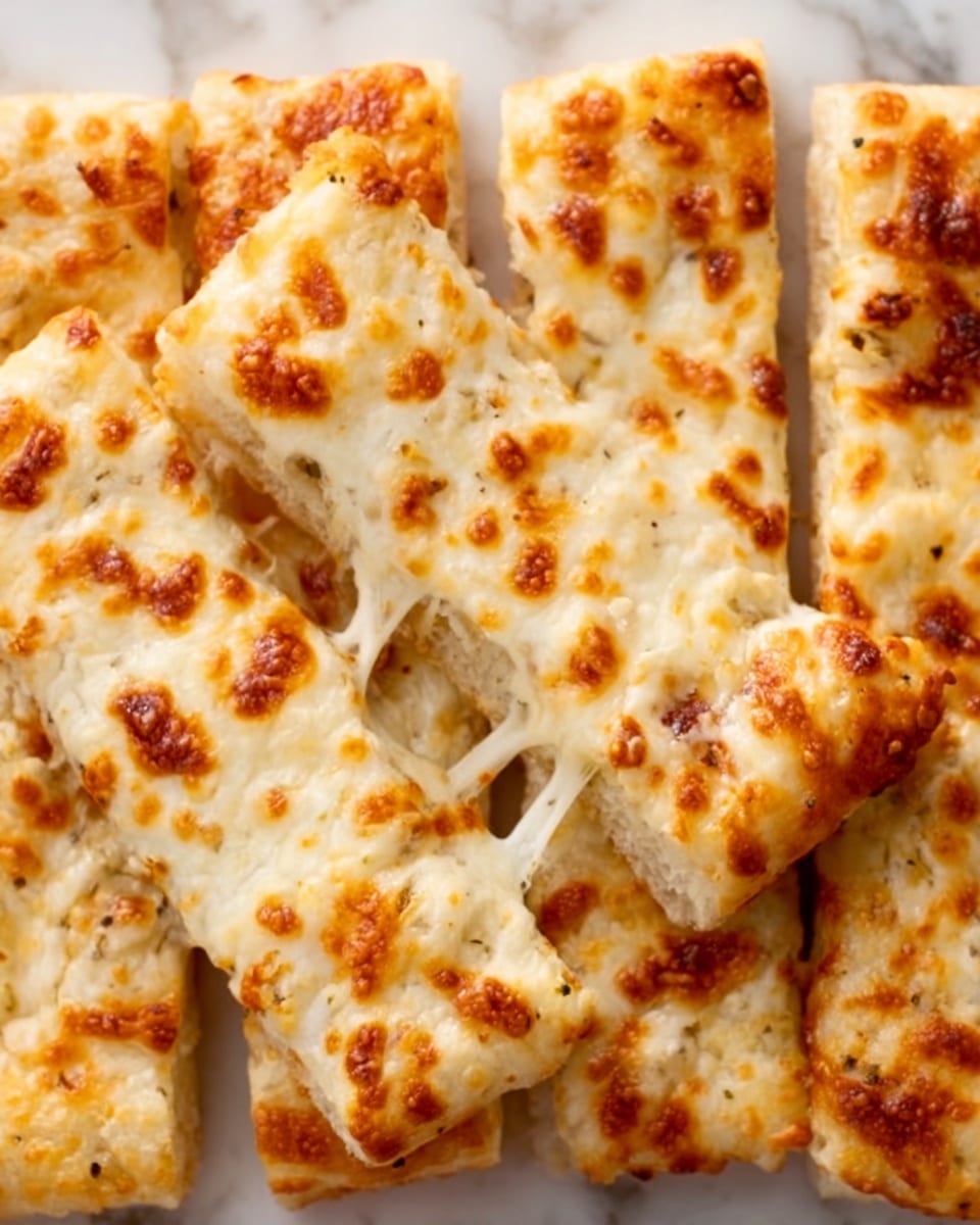 The image shows several rectangular pieces of cheesy breadsticks lined up close together. Each piece has a golden-brown, melted cheese layer on top that looks slightly crispy around the edges with spots of darker toasted cheese. Below the cheese, the dough is light tan, soft, and slightly fluffy with some visible air pockets. The breadsticks' surface texture is smooth and glossy from the melted cheese, with some stretchy cheese strands visible between the pieces. The image background has a white marbled texture. photo taken with an iphone --ar 4:5 --v 7