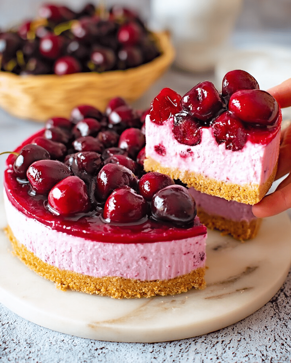 The image shows a round cherry cheesecake with three clear layers on a white marbled surface. The bottom layer is a thick, crumbly golden brown crust. Above that is a thick, creamy bright pink cheesecake layer with a smooth texture. The top layer is a glossy deep red cherry topping filled with whole cherries, some of which are piled on a single slice being held by a woman's hand. In the background, there is a basket filled with dark red cherries. Photo taken with an iphone --ar 4:5 --v 7