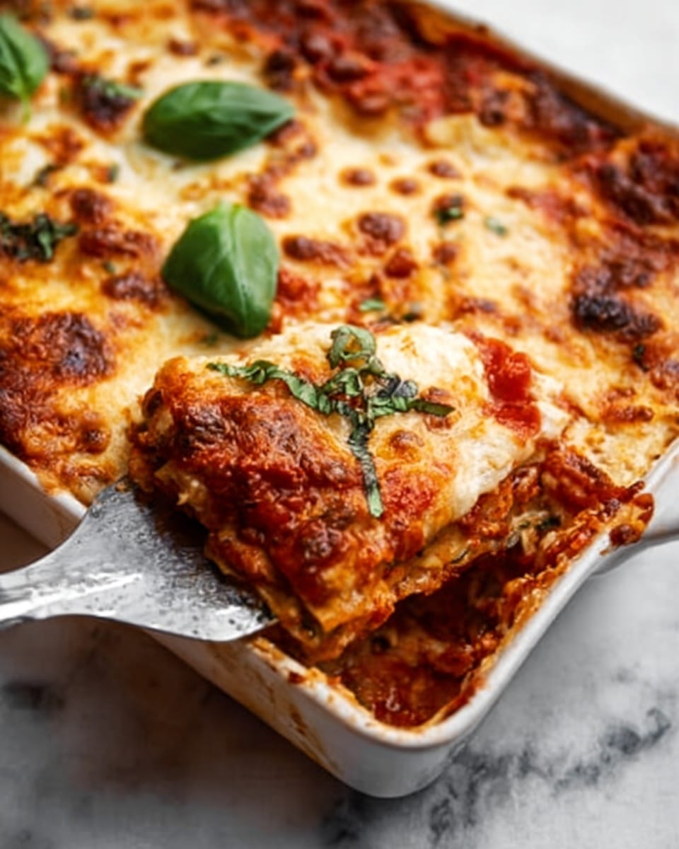 The image shows a close-up of a lasagna in a white rectangular baking dish. The top layer is golden-brown melted cheese with some small darker spots where the cheese is crispier. Bright green basil leaves sit on the top left side, adding a fresh contrast to the rich colors. Below the cheese layer, the tomato sauce peeks through with its bright red color and chunky texture. A metal spatula is lifting a piece of lasagna, showing the layers inside – a mix of red sauce and creamy, melted cheese, with hints of pasta layers slightly visible. The whole scene is set on a white marbled surface. Photo taken with an iphone --ar 4:5 --v 7