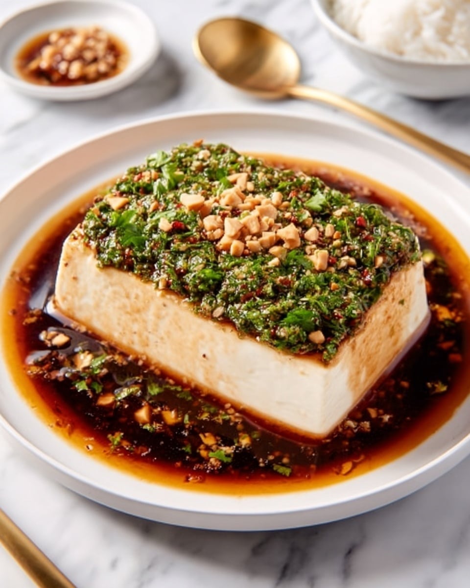 A white plate filled with soft silken tofu, sliced into even rectangular pieces arranged neatly in a row. The tofu sits in a dark, rich sauce that has visible red chili flakes and oil floating on top. Bright green chopped herbs, likely cilantro and green onions, are generously sprinkled over the tofu slices, adding fresh color contrast. The plate is placed on a white marbled surface, showing a clean and simple background. photo taken with an iphone --ar 4:5 --v 7