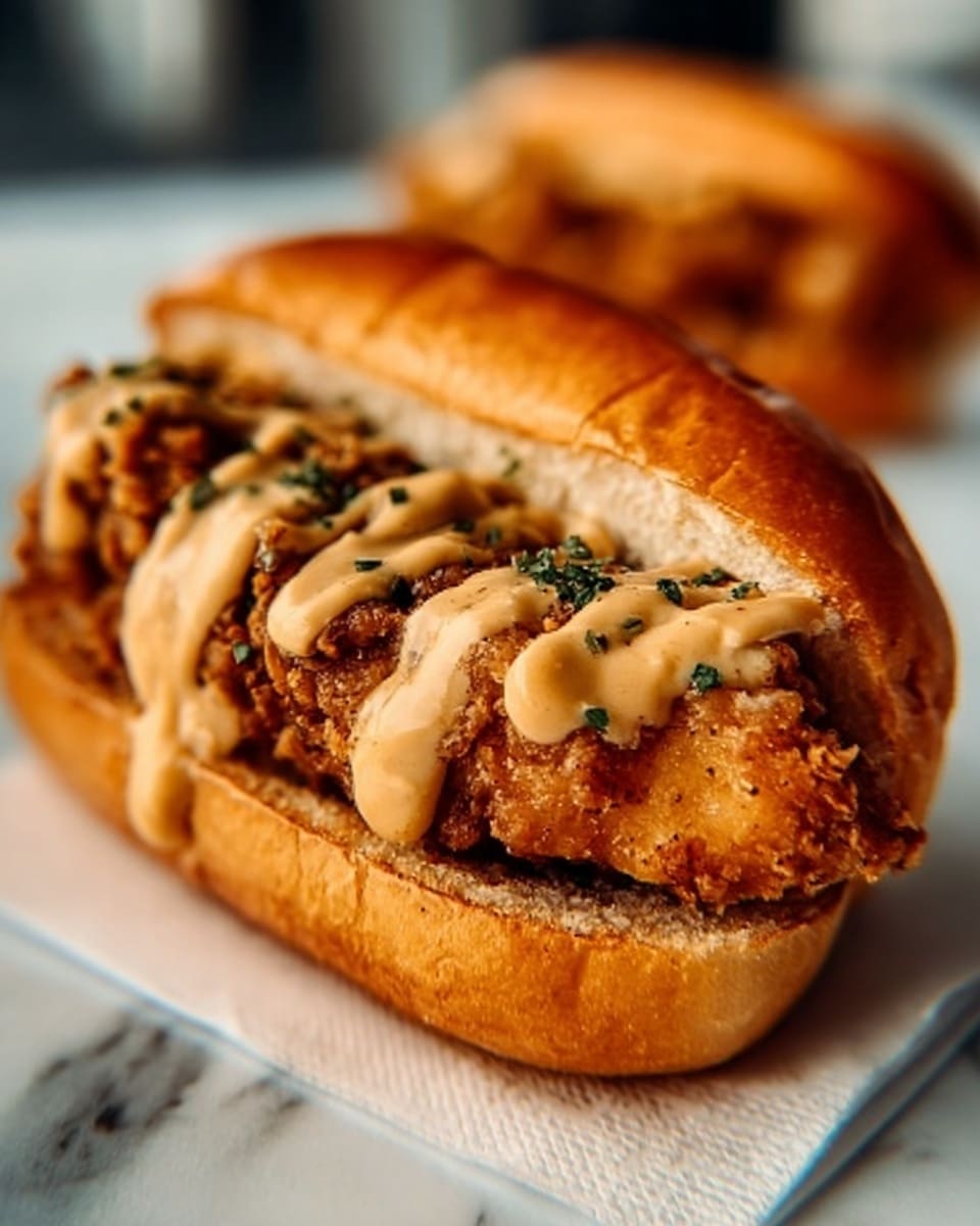 The image shows a golden brown fried chicken sandwich in a soft, light brown bun. The sandwich has one thick piece of crispy fried chicken with some green herbs sprinkled on top, covered with thick zigzag lines of creamy, light beige sauce. The sandwich rests on white paper with a blurred white marbled surface in the background. photo taken with an iphone --ar 4:5 --v 7