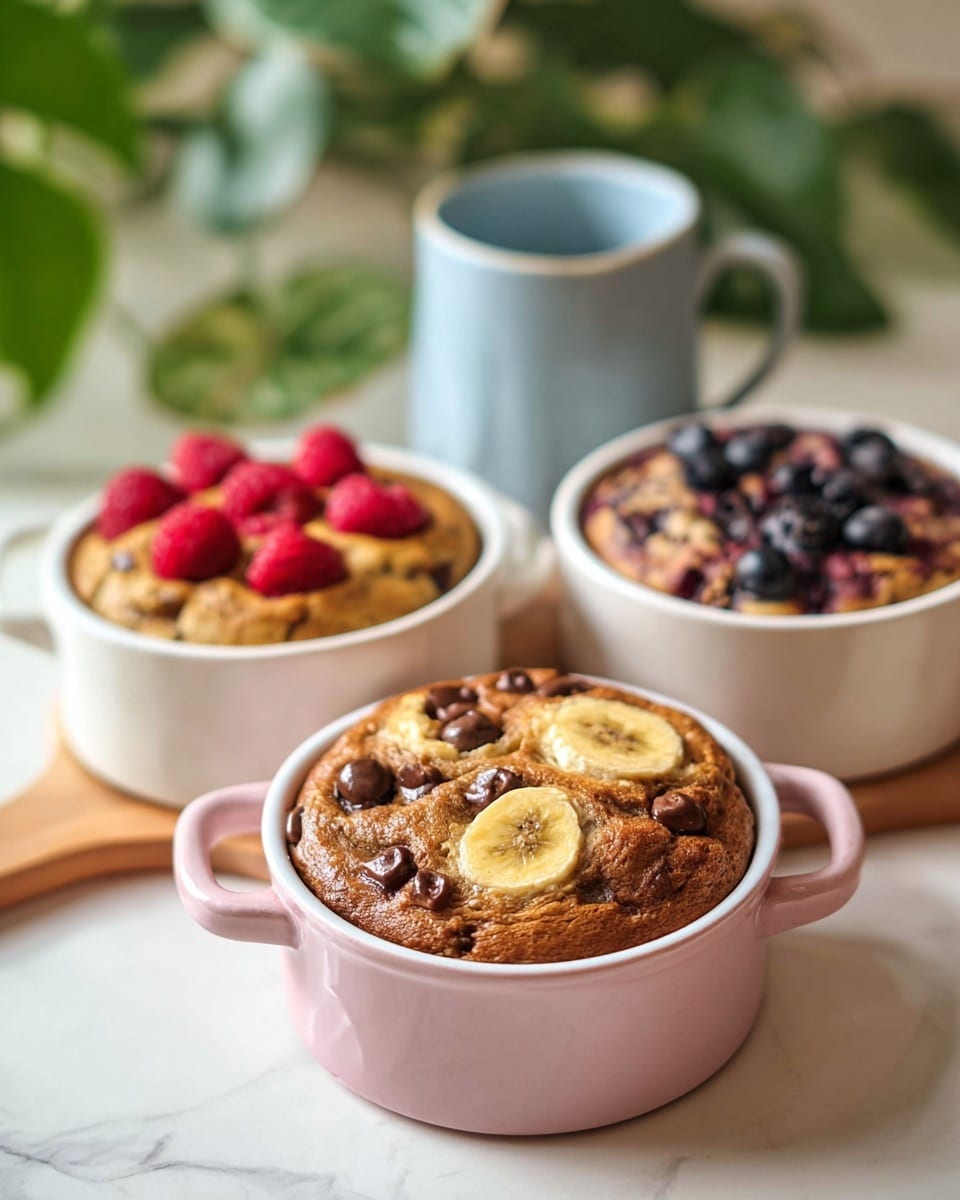 Three small white ceramic baking dishes hold separate baked treats on a white marbled surface. The closest one, in the front, has a golden-brown baked top with dark melted chocolate chips scattered around and a single round slice of banana placed in the center. The middle dish contains a similar baked item spotted with red raspberries and small clusters of nuts on top. The farthest dish also has a golden baked surface but is dotted with dark berries and a crunchy nut topping, with some dark berry juice slightly dripping down the side. All dishes are round with a small handle, and the front dish sits on a round wooden coaster. The background is softly blurred with green leafy plants. photo taken with an iphone --ar 4:5 --v 7